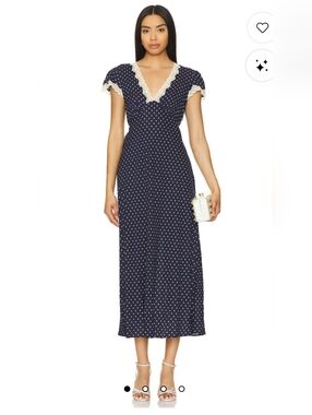 NWT Rixo Clarice Navy Polka Dot Midi dress Size Large
